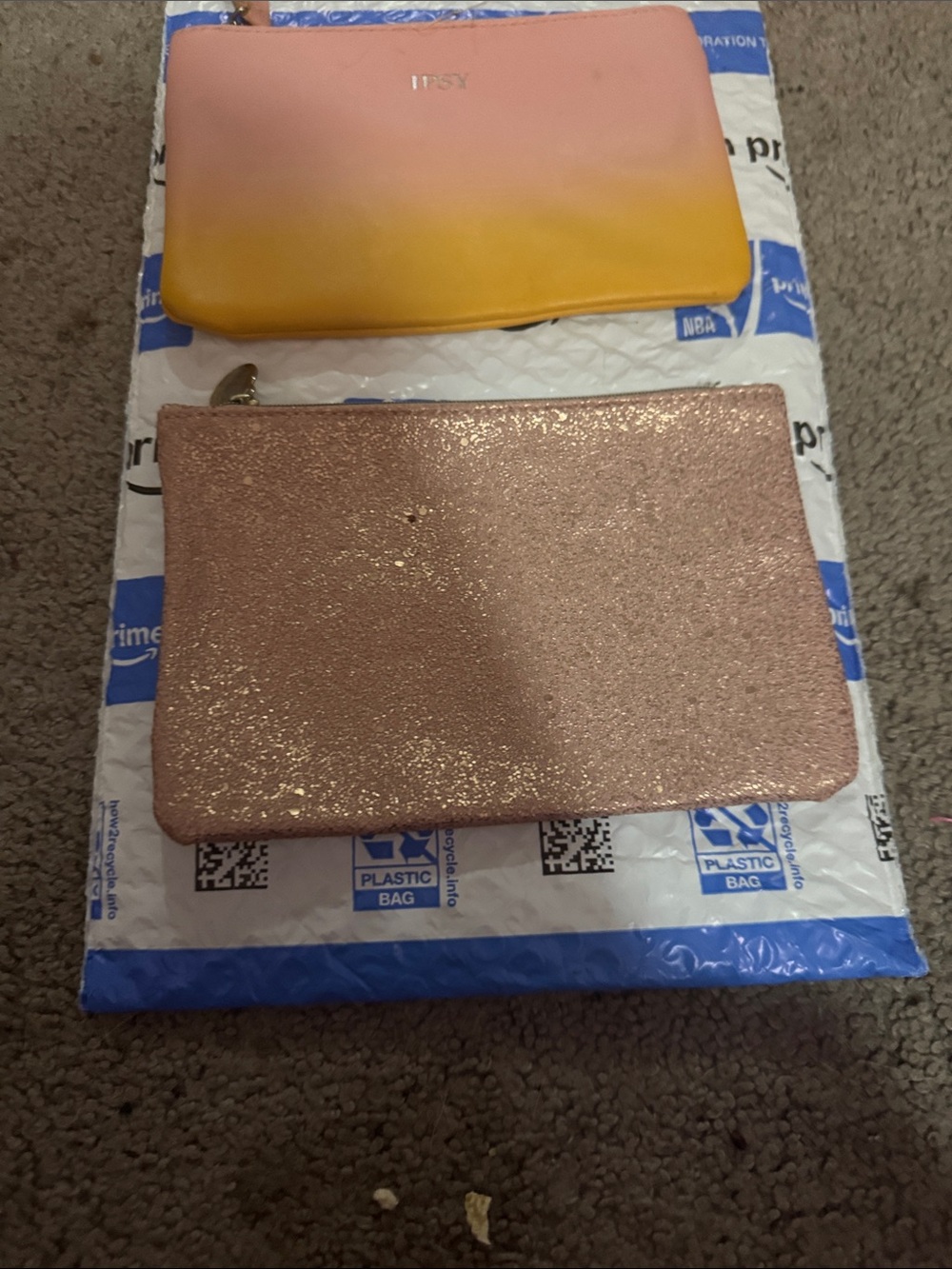 ipsy Pink to Yellow Ombre Cosmetic Bag with Rose Gold Glitter Pouch